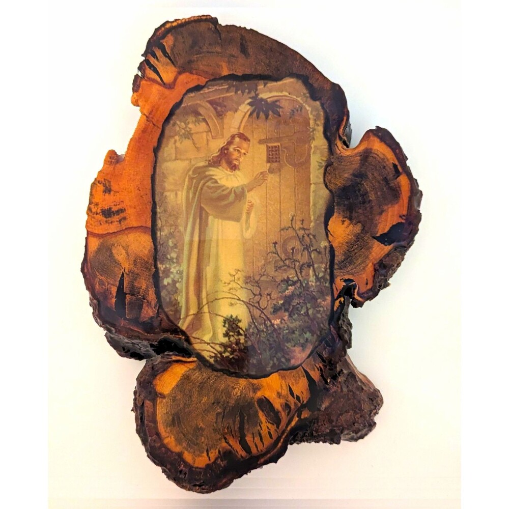 Vintage Rustic Live Edge Wood Slice Christ At Heart's Door Jesus Wall Plaque